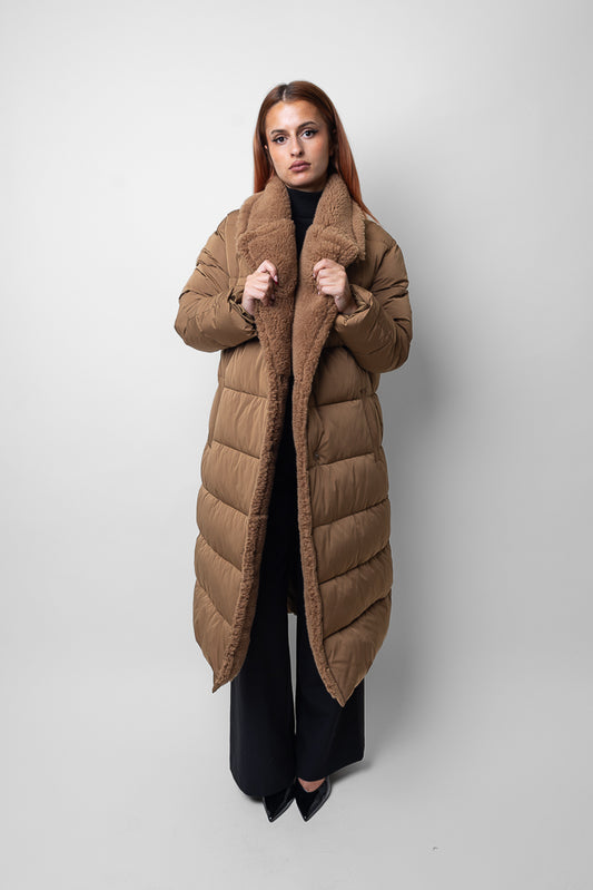 Long quilted Down Jacket with Fur collar