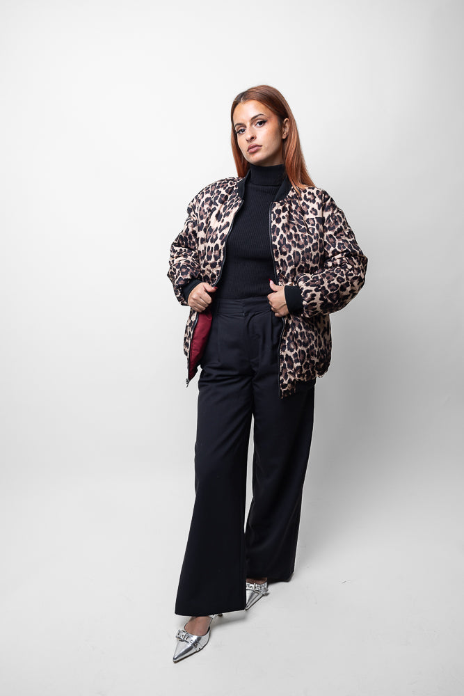 Reversible bomber with leopard interior