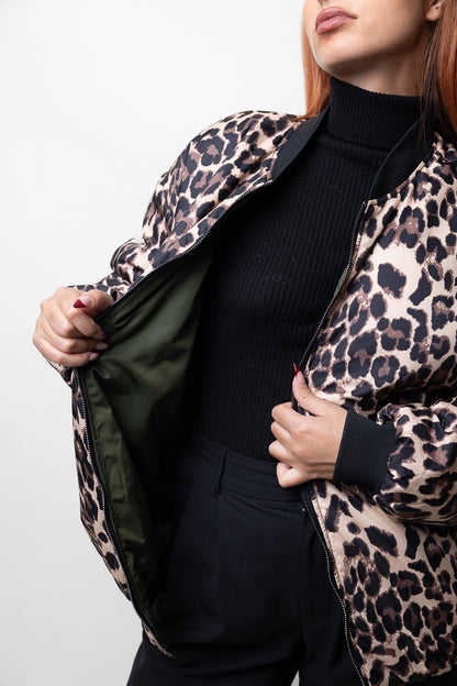 Reversible bomber with leopard interior